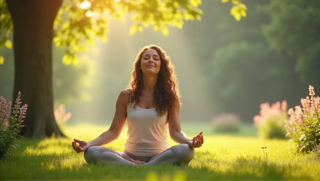 "A serene middle-aged woman practices yoga outdoors amidst lush greenery and vibrant flowers, embodying balance and digital wellness tools for improved mental and physical health."
