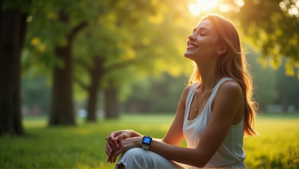 "A serene woman sits on a natural stone bench surrounded by lush greenery, wearing a sleek smartwatch with a calming blue display, exuding peacefulness in harmony with nature."