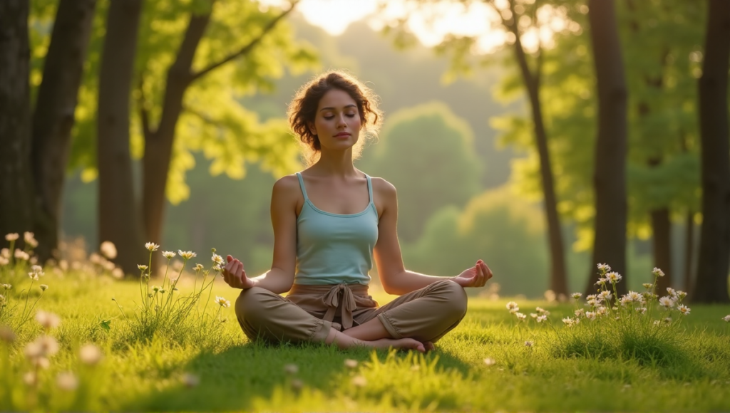 "A serene woman sits cross-legged on a lush green hill surrounded by tall trees and wildflowers, exuding digital wellness and tranquility."