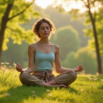 "A serene woman sits cross-legged on a lush green hill surrounded by tall trees and wildflowers, exuding digital wellness and tranquility."