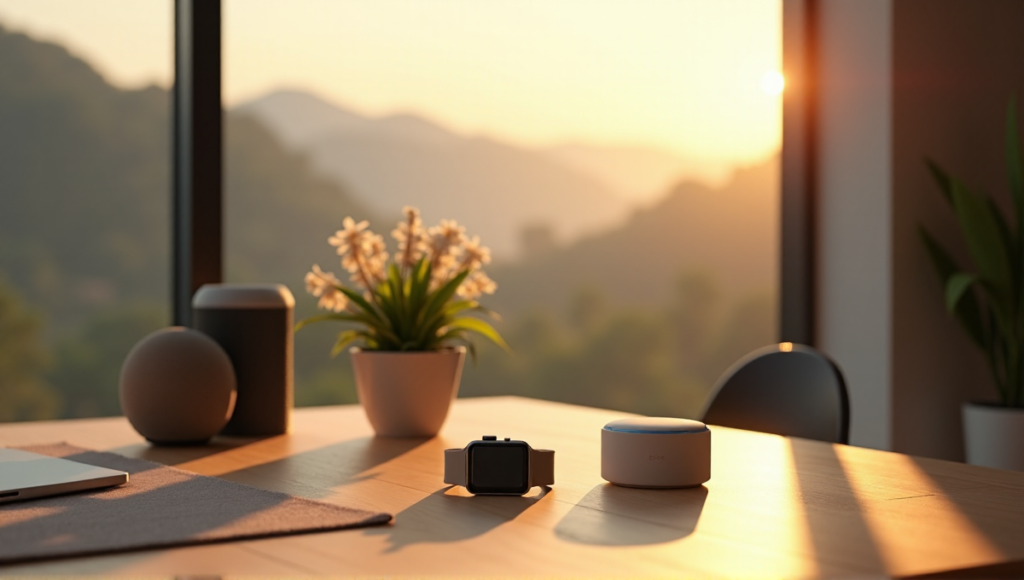 "A serene home office space featuring smart devices, a silver Apple Watch, Amazon Echo Dot, Google Home Mini, and a smart thermostat integrated with nature, promoting digital wellness tools."