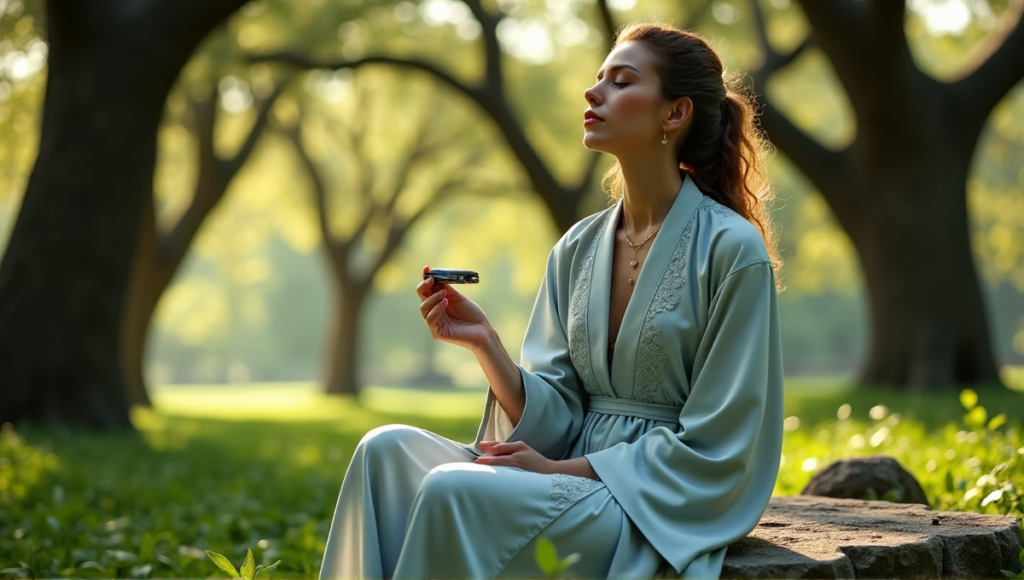 "A serene woman sits on a natural stone bench in a lush forest, wearing a pale blue robe with intricate embroidery, holding a brain-computer interface device and a crystal pendant, exuding inner peace."