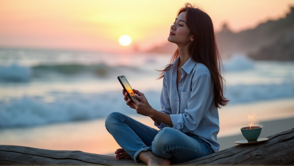 "A serene woman sits on a beach at sunrise, surrounded by calming elements, using digital wellness tools like mindfulness apps."