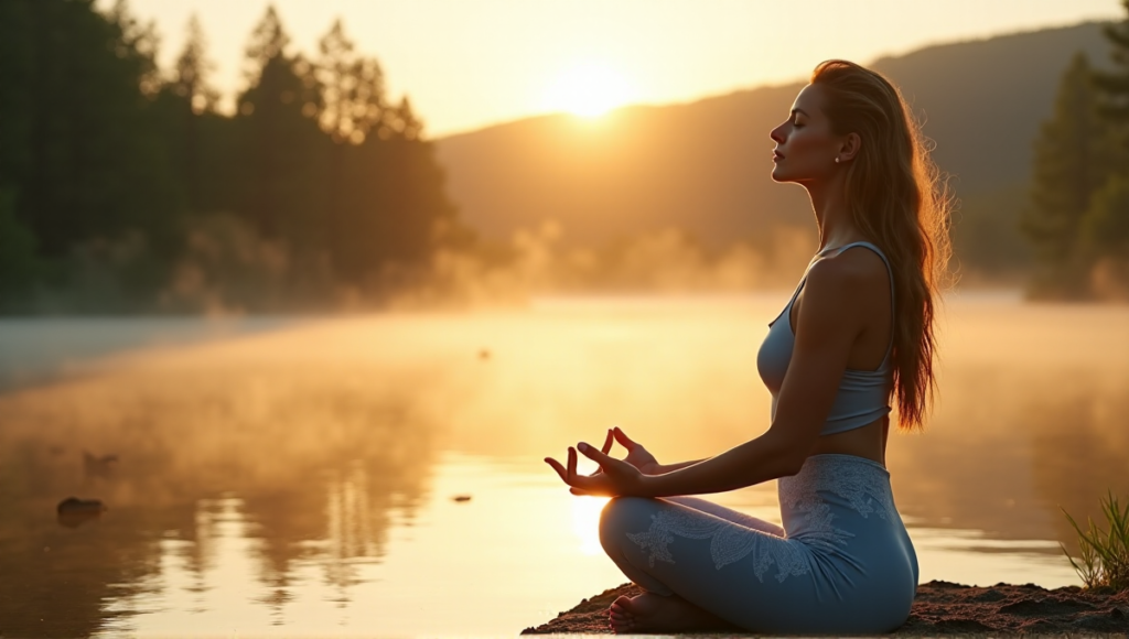 "A serene woman sits on a tranquil lake shore at sunset, embodying inner peace with digital wellness tools in her pale blue yoga outfit."