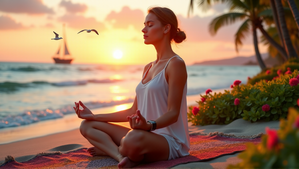 "A serene woman meditates on a tranquil beach at sunset, surrounded by lush greenery, vibrant flowers, and subtle digital wellness tools."