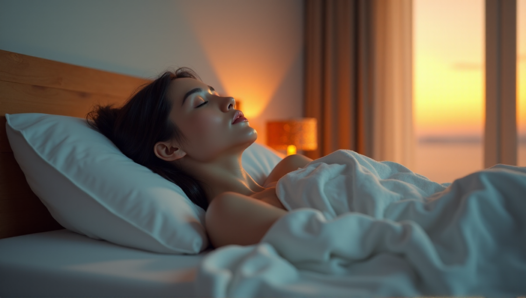 "A serene bedroom scene featuring a woman in deep sleep surrounded by digital wellness tools, including a smart sleep mask and temperature-controlled blanket."