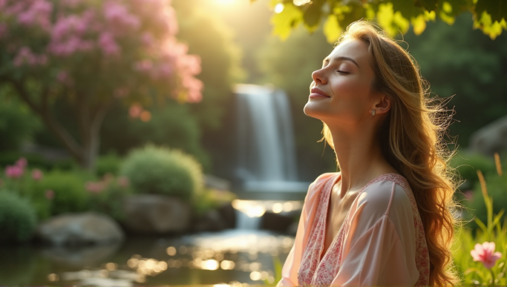 "A serene woman sits on a natural stone bench amidst a lush garden, surrounded by blooming flowers, trees, and a waterfall, embodying holistic wellbeing through digital wellness tools."