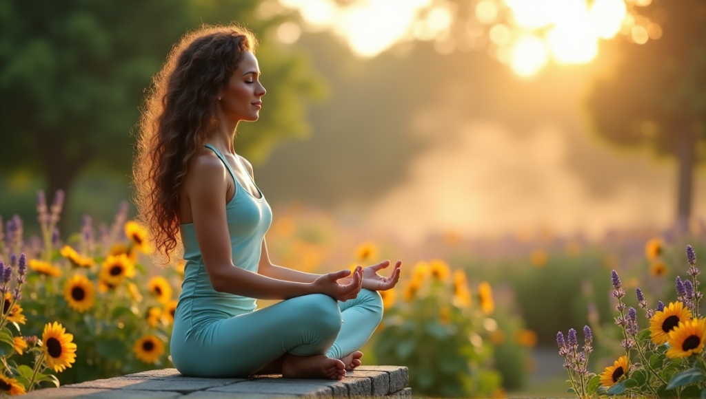 "A serene woman sits on a natural stone bench in a lush garden at dawn, surrounded by vibrant flowers and gentle mist, embodying stress-free living with digital wellness tools."