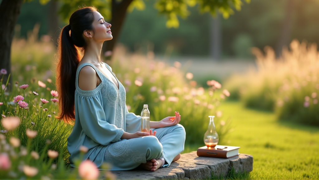 "A serene woman sits on a natural stone bench surrounded by lush greenery and vibrant flowers, exuding calmness with digital wellness tools in hand."
