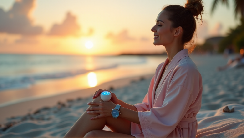 "A serene woman sits on a tranquil beach at sunset, surrounded by palm trees, holding a sleek smartwatch with calming blue hue and resting her hand on a digital wellness device emitting pulsing light."