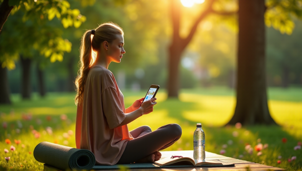 "A serene woman sits on a wooden bench in a lush green park, surrounded by nature, using digital wellness tools like Todoist, Headspace, and Calm."
