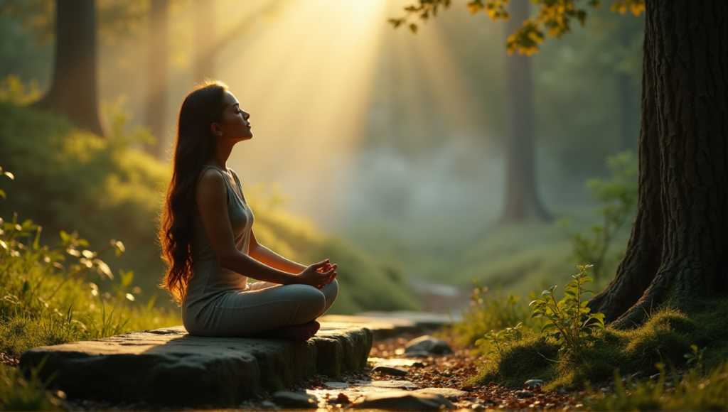 "A serene woman meditates in a forest glade at dawn, surrounded by lush greenery and soft golden light, promoting digital wellness tools for inner peace."
