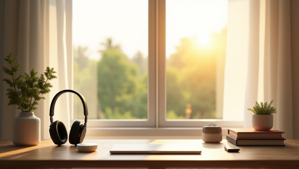 "A serene desk setup featuring Calmio's top picks for digital wellness tools, including a noise-cancelling headset, meditation timer, mindfulness journal, and blue light filtering monitor protector."