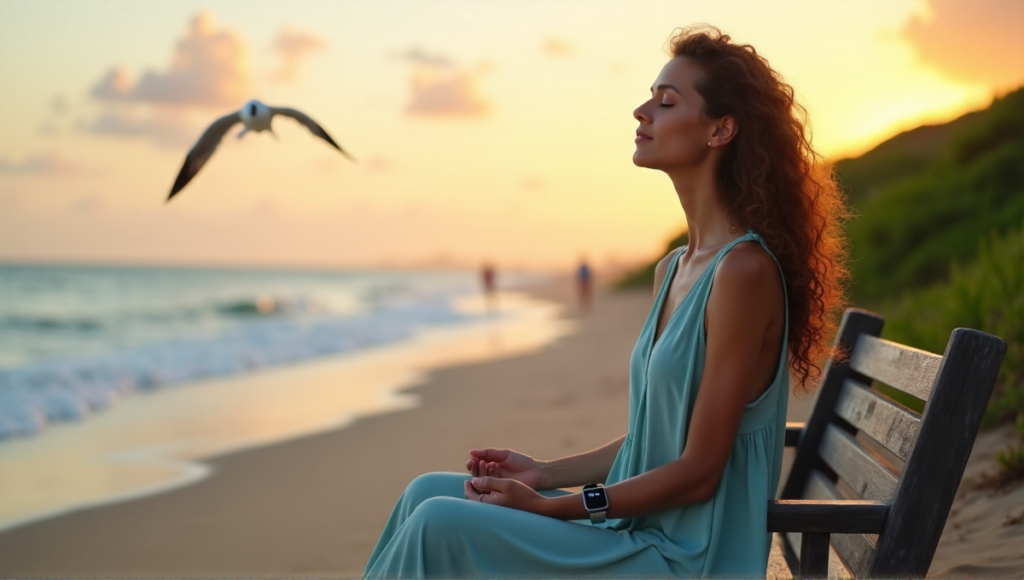"A serene young woman sits on a beach bench at sunset, wearing a pastel blue sundress, with her eyes closed and a silver smartwatch on her lap, surrounded by gentle waves and lush greenery."