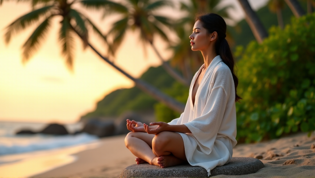 "A serene woman meditates on a tranquil beach at sunset, surrounded by lush greenery and palm trees, embodying digital wellness tools for inner peace."