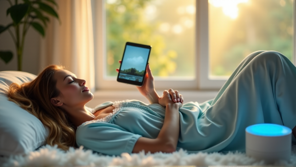 "A serene woman lies on her back in a peaceful bedroom surrounded by digital wellness tools, including a white noise machine, essential oil diffuser, and soothing nature video display."