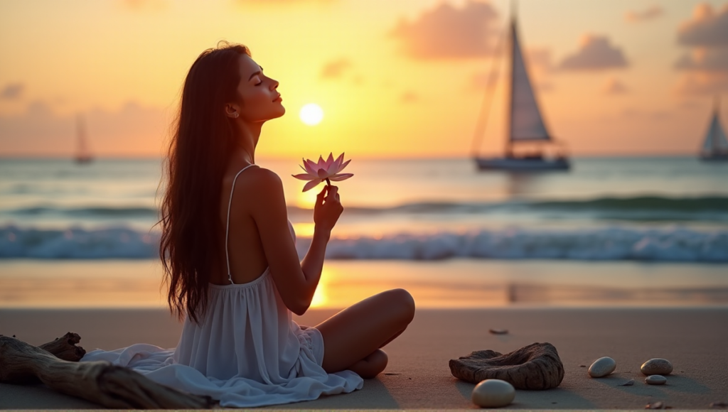 "A serene woman sits on a tranquil beach at sunset, holding a lotus flower and resting her hand on driftwood, exuding inner calm with digital wellness tools."
