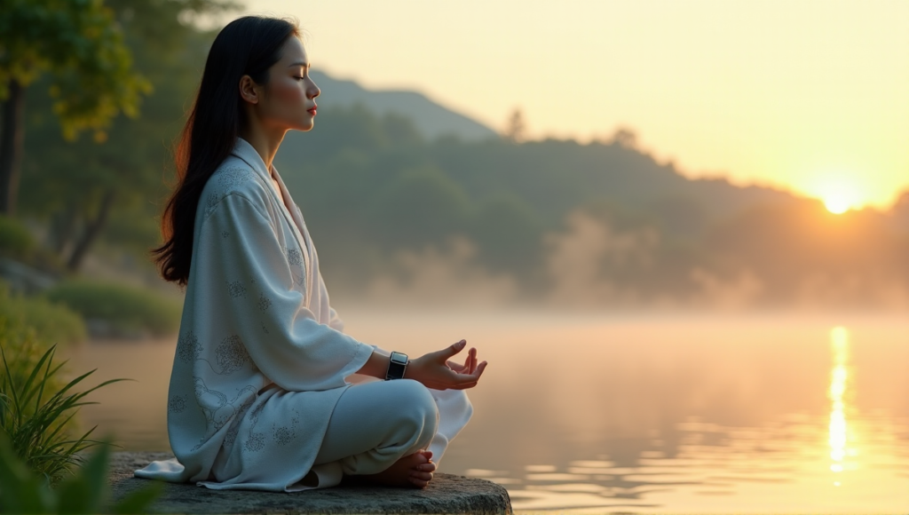 "A serene middle-aged Asian woman meditates on a lake shore at sunrise, surrounded by lush greenery and subtle digital wellness tool patterns in her robe."