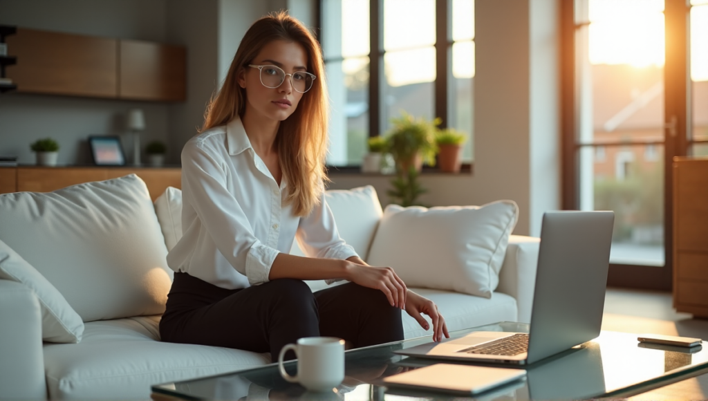 "A young professional woman sits on a minimalist couch, surrounded by high-tech gadgets and devices, poised to tackle tasks with digital wellness tools at her fingertips."