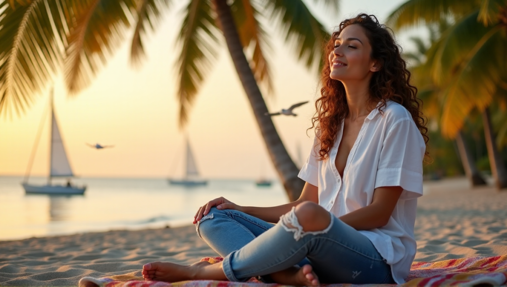 "A serene woman sits cross-legged on a beach towel at sunset, surrounded by palm trees and sailboats, exuding calm with digital wellness tools in the background."