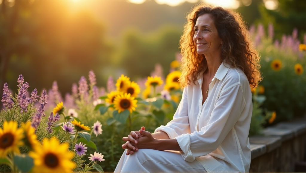 "A serene woman sits on a natural stone bench amidst a lush garden during golden hour, surrounded by vibrant flowers and exuding calmness."