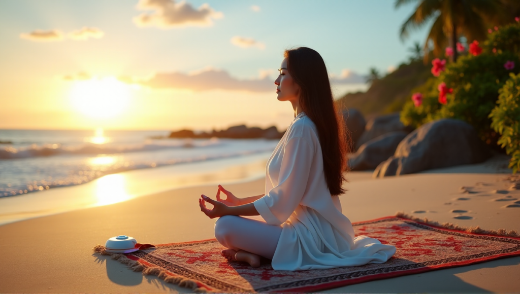 "A serene middle-aged Asian woman meditates on a tranquil beach at sunset, surrounded by lush greenery, exotic flowers, and digital wellness tools."