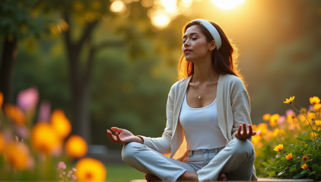 "A serene woman meditates on a stone bench surrounded by lush greenery and digital wellness tools, including a brain-sensing headband and essential oil diffusers."