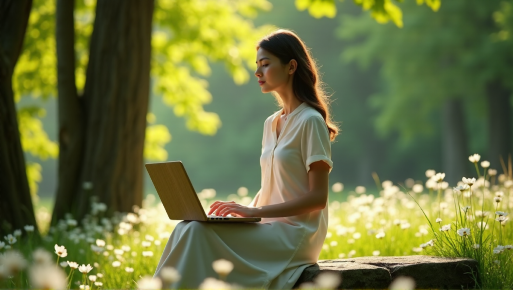 "A serene woman sits on a natural stone bench in a lush forest, cradling a silver laptop with a minimalist wooden case, surrounded by vibrant greenery and delicate white flowers."
