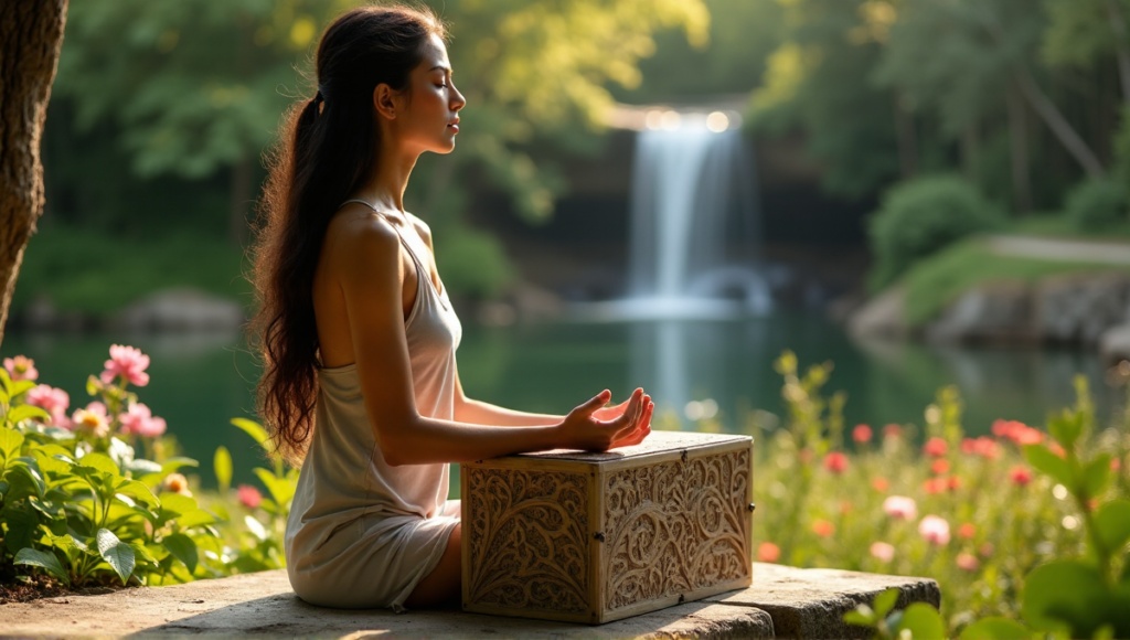 "A serene woman sits on a natural stone bench amidst a lush garden, cradling a handcrafted wooden meditation box, surrounded by blooming flowers and a gentle waterfall."