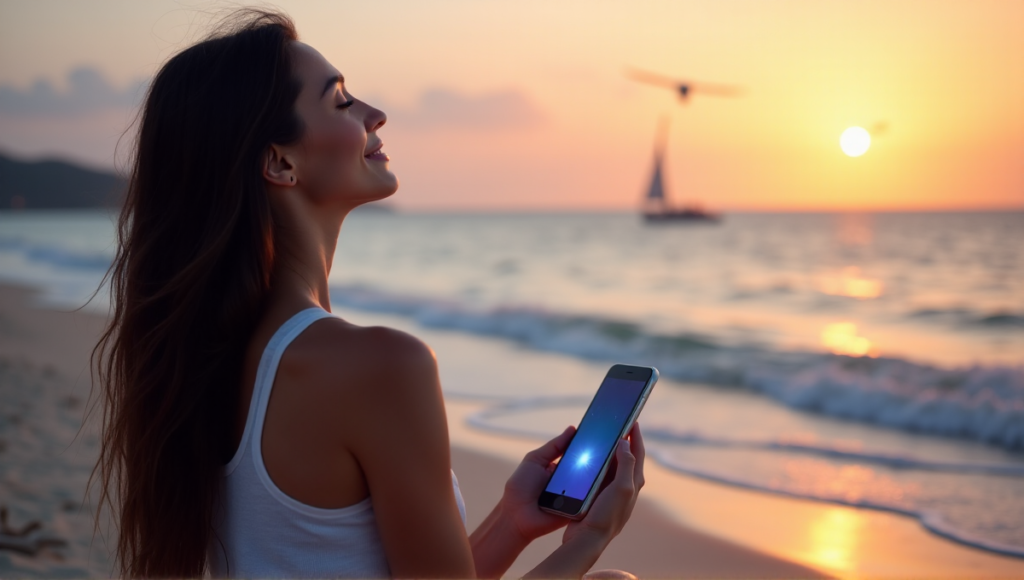 "A serene woman sits on a tranquil beach at sunset, eyes closed, with a smartphone glowing softly from a mindfulness app, promoting digital wellness tools for mental well-being."
