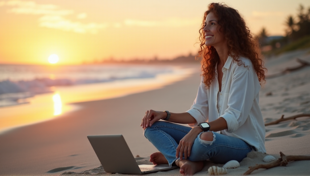 "A middle-aged woman sits on a serene beach at sunset, surrounded by calming elements and digital wellness tools like a meditation app-enabled smartwatch and laptop."