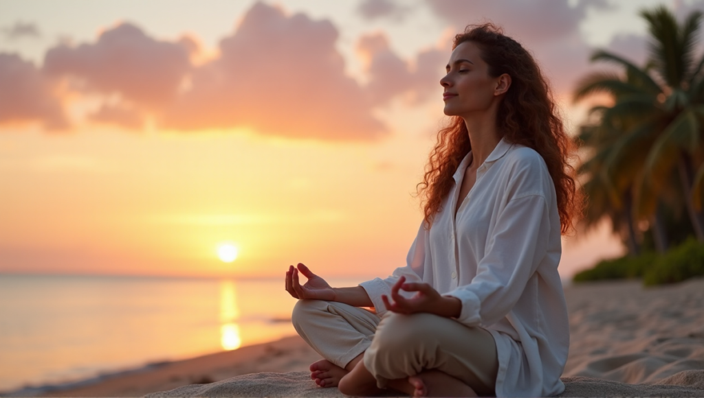 "A serene middle-aged woman sits cross-legged on a beach rock at sunset, exuding calmness with her eyes closed and gentle smile."