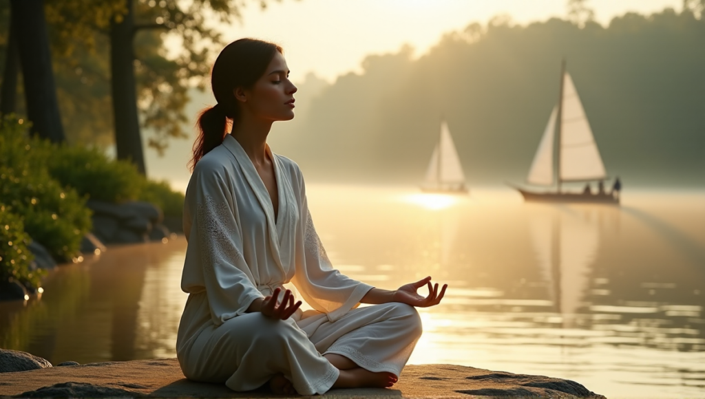"A serene woman meditates on a natural stone platform surrounded by lush greenery and a peaceful lake in the distance."
