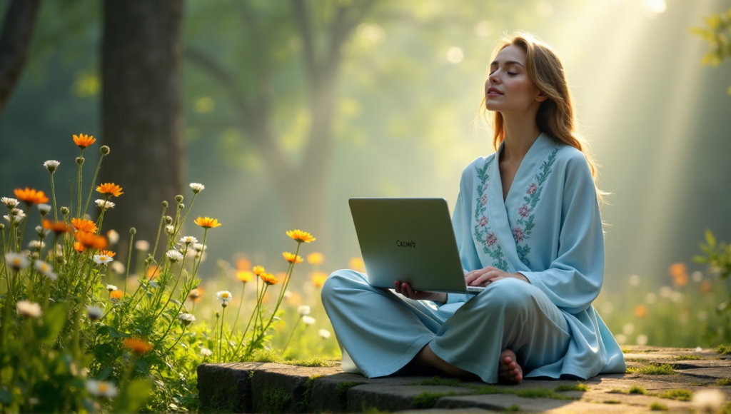 "A serene woman sits cross-legged on a moss-covered bench surrounded by lush greenery, cradling a silver laptop with Calmio logo, exuding peaceful contentment amidst natural beauty."