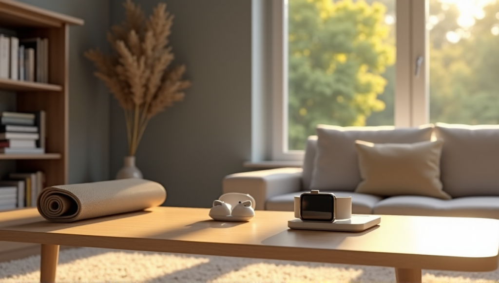 "A serene living room featuring smart devices for digital wellness tools, including a smartwatch, fitness tracker, and earbuds, amidst calming decor."